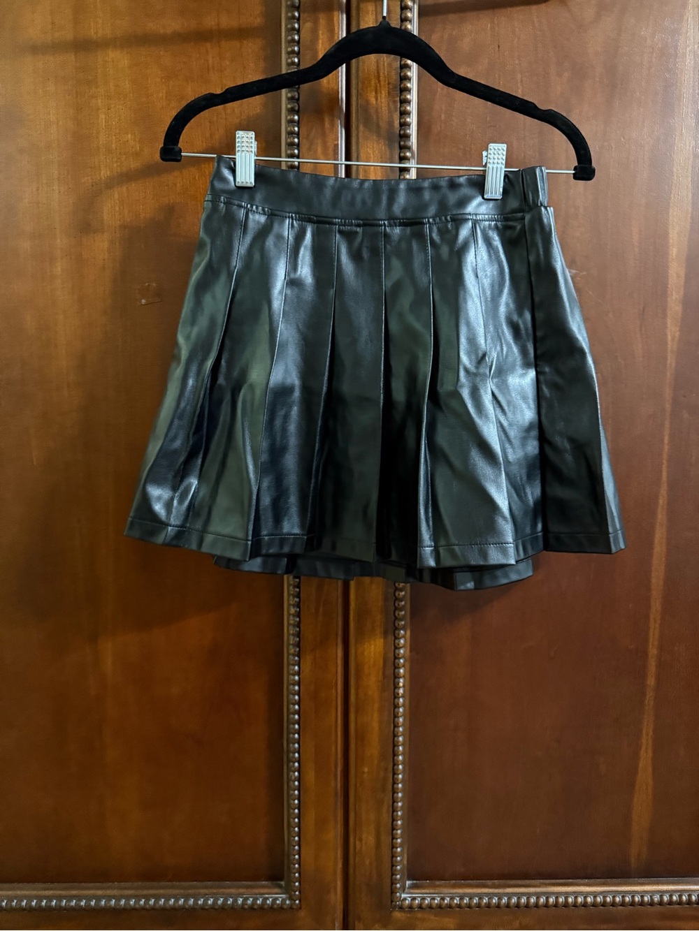 Justice Black Faux Leather Pleated Skater Skirt